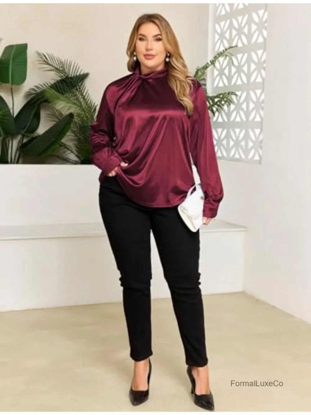 Plus Size Satin Mock Neck Twist Blouse Long Sleeve Work Shirt